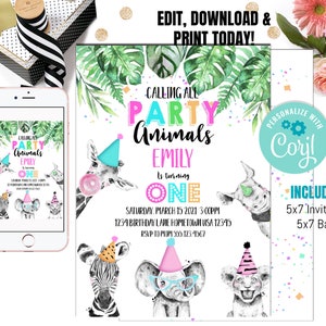 Editable Party Animals Birthday Invitation Wild One Animals Invitation Zoo Safari Animals Girl Birthday Download Printable Invite Template image 1