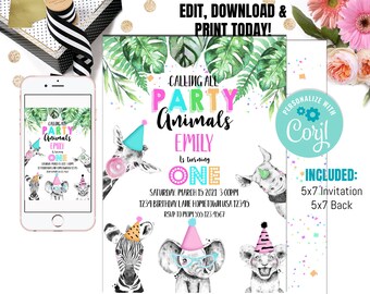 Invitación de cumpleaños editable con animales de fiesta, invitación de animales salvajes, invitación de cumpleaños de niña con animales de safari del zoológico, descargar plantilla de invitación imprimible