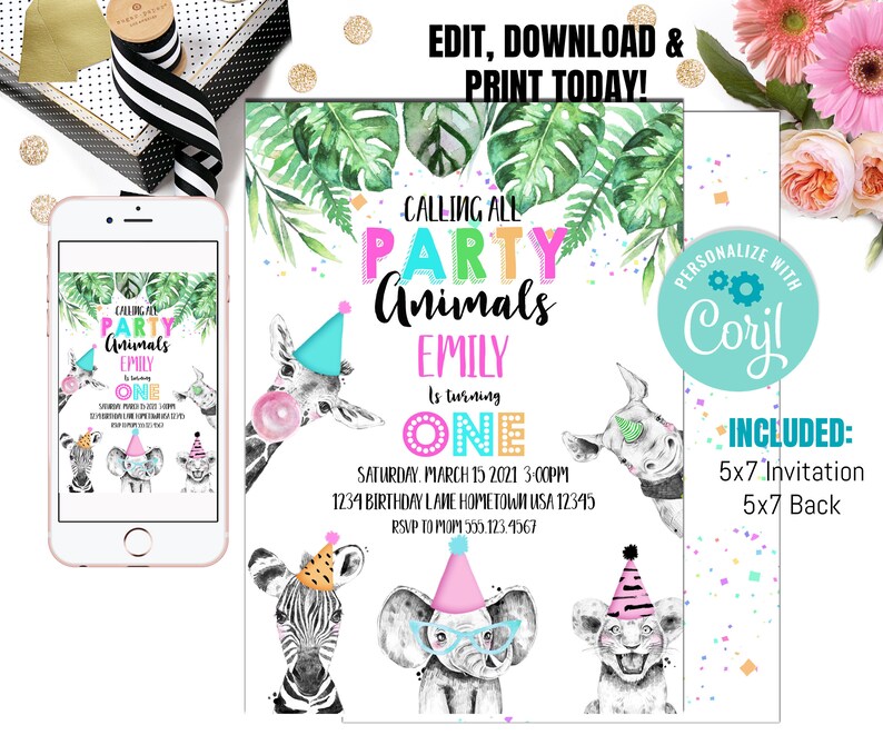 Editable Party Animals Birthday Invitation Wild One Animals Invitation Zoo Safari Animals Girl Birthday Download Printable Invite Template image 1