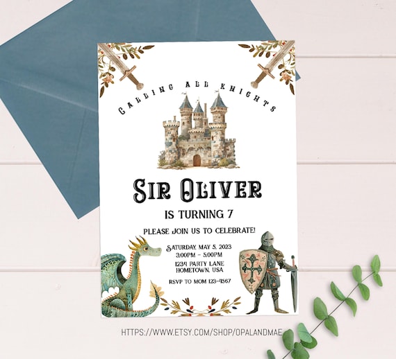 Knight Birthday Invitation Dragon Invitation Knight Party, Medieval Birthday Invite Knight Birthday Invite, Dragon Party Medieval Party KP01