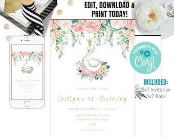 May include: A printable 5x7 inch invitation for a first birthday party. The invitation features a watercolor illustration of a white swan with a gold crown, surrounded by pink and green flowers. The text "Caitlyn's 1st Birthday" is written in gold script.