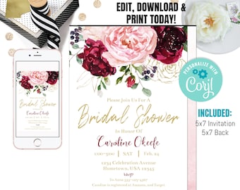 Editable Bridal Shower Invitation, Blush Pink Bridal Shower Invite, Boho Floral Bridal Shower Invitation Instant Download