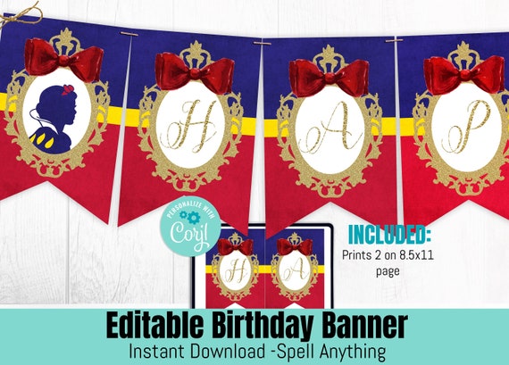 EDITABLE Snow White Banner, Happy Birthday Banner, Girl Princess party, Princess banner, Fairytale Birthday, Printable Instant download Il_570xn