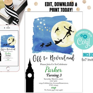 Invitation d&#39;anniversaire modifiable Peter Pan et la fée clochette, invitation Peter Pan aquarelle, invitation pays imaginaire, invitation d&#39;anniversaire pirate