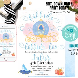 May include: A printable 5x7 inch invitation for a 4th birthday party with a Cinderella theme. The invitation features a blue and gold carriage with a pink and blue watercolor background. The text on the invitation reads "bibbidi bobbidi boo Lulu's 4th Birthday".