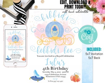 Puede incluir: Una invitación imprimible de 12,7 x 17,8 cm para una fiesta de cumpleaños de 4 años con temática de Cenicienta. La invitación presenta un carruaje azul y dorado con un fondo de acuarela rosa y azul. El texto de la invitación dice "bibbidi bobbidi boo Lulu's 4th Birthday".