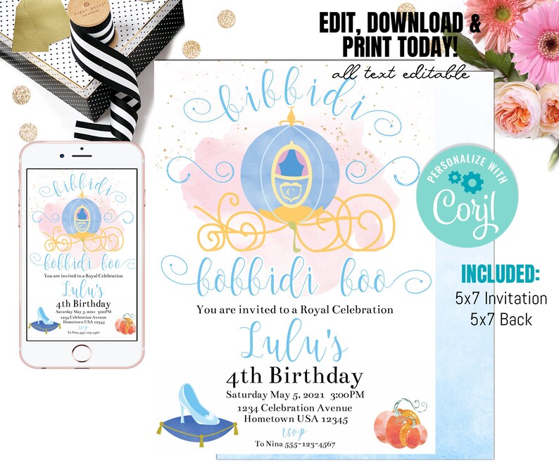 May include: A printable 5x7 inch invitation for a 4th birthday party with a Cinderella theme. The invitation features a blue and gold carriage with a pink and blue watercolor background. The text on the invitation reads "bibbidi bobbidi boo Lulu's 4th Birthday".