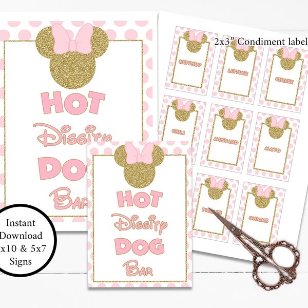 INSTANT DOWNLOAD Light Gold Pink Mouse Printable Hot Diggity Dog Bar Sign, 5x7 and 8x10, Light Pink Girl Mouse