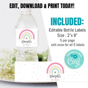 K&ouml;nnte beinhalten: Bearbeitbare Wasserflaschenetiketten mit einem Regenbogen-Design und dem Text "Margot's 1st Birthday". Die Etiketten sind 5,1 cm x 20,3 cm gro&szlig; und werden in einem 5er-Pack geliefert.