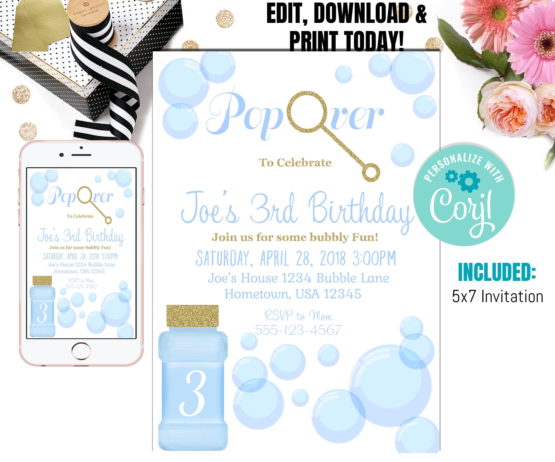 Editable Bubble Birthday Invitation Bubble Birthday Party Etsy