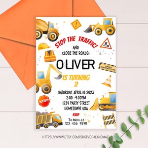Editable Construction Birthday Invitation Template Boy Construction Vehicle Birthday Party Invite Dump Truck Construction theme CP01