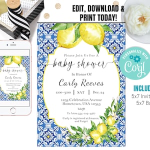 May include: A blue and white tiled baby shower invitation with lemons and flowers. The invitation says "Please Join Us For A Baby Shower In Honor Of Carly Reeves 1:00-3:00 | SAT | Dec. 24 1234 Celebration Avenue Hometown, USA 12345 RSVP To Anna 555-123-4567 Carly is registered at Amazon, and Target".