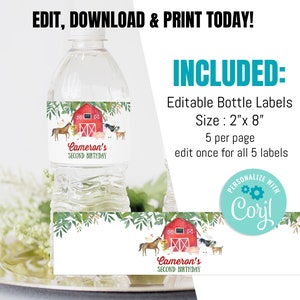 Editable Farm Birthday Bottle Label Boy Farm Animals Boy Barnyard Birthday Party Download Printable Party Template Digital Corjl F102