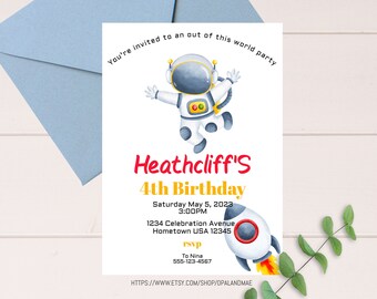 May include: A white invitation with a cartoon astronaut in a blue spacesuit floating in the air. The text reads "You're invited to an out of this world party" and "Heathcliff's 4th Birthday". The invitation includes the date, time, address, and RSVP information.
