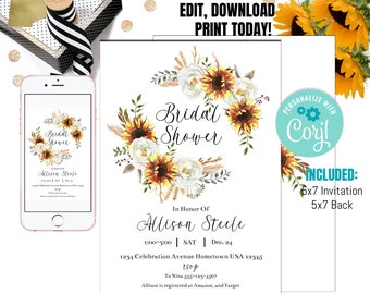 Bridal Shower Invitation, Sunflower and Roses, Floral Invitation,  Burgundy, Navy Blue,  Instant Download, Printable, Editable Template