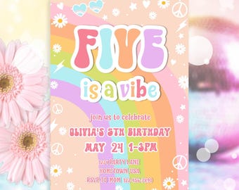Editable Five Is A Vibe Rainbow Peace Sign Invitation Retro Groovy 5th Birthday Daisy Invitation Hippie Disco Party PRINTABLE DOWNLOAD GB01