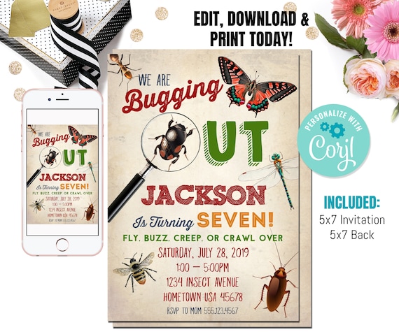 Bug Birthday Invitation- Printable Bug Party Invite- Insect Birthday- Insect Party-Bugging Out Birthday-Editable Invite Il_570xn
