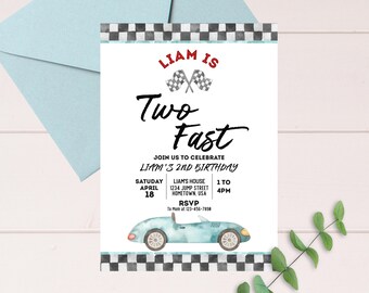 Bewerkbare twee snelle verjaardagsuitnodiging raceauto 2e verjaardag uitnodigen racewagen vintage raceauto afdrukbare sjabloon Instant Download RC01