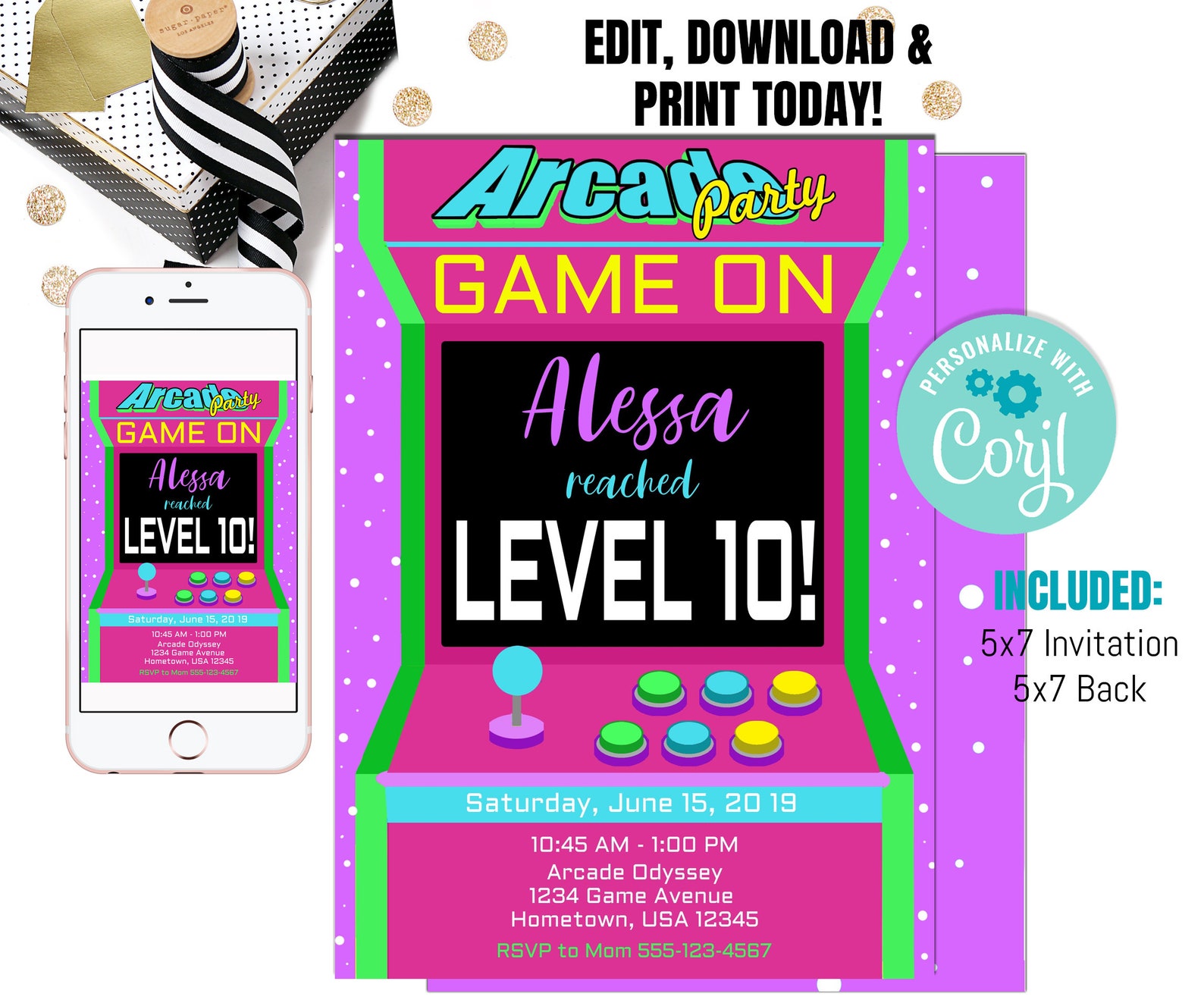 arcade-birthday-invitation-arcade-invitation-gaming-etsy