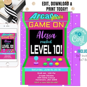Arcade Birthday Invitation, Arcade invitation, Gaming invitation, Retro Arcade Birthday, Video Game Birthday, Video Game Invitation