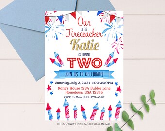 May include: A red, white, and blue invitation for a 2nd birthday party. The invitation features a watercolor illustration of fireworks and the text "Our Little Firecracker Katie is turning TWO. Join us to celebrate!"  Saturday, July 3, 2021 1:00-3:00PM Katie's House 1234 Bubble Lane Hometown, USA 12345 RSVP to Mom 555-123-4567 HTTPS://WWW.ETSY.COM/SHOP/OPALANDMAE