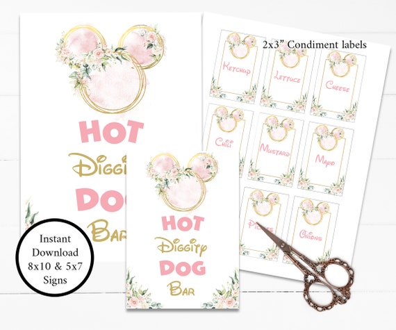 Editable Light Gold floral Pink Mouse Printable food labels, editable Hot Diggity Dog Bar Sign, 5x7 and 8x10, Light Pink Girl Mouse Il_570xn