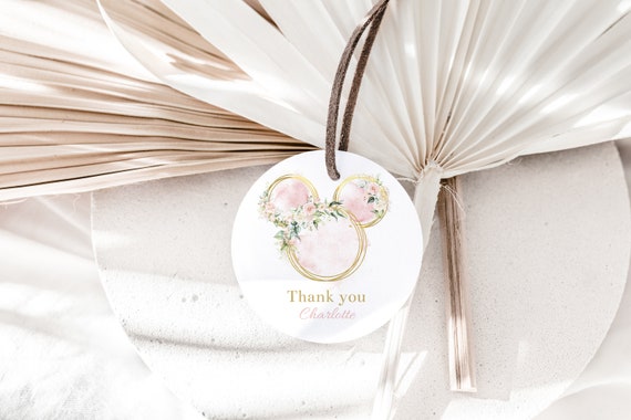 Editable Floral Gold Pink Mouse Printable Favor Tag, 2" birthday favor tag, Watercolor Pink Girl Mouse Birthday thank you tag, birthday tag Il_570xn