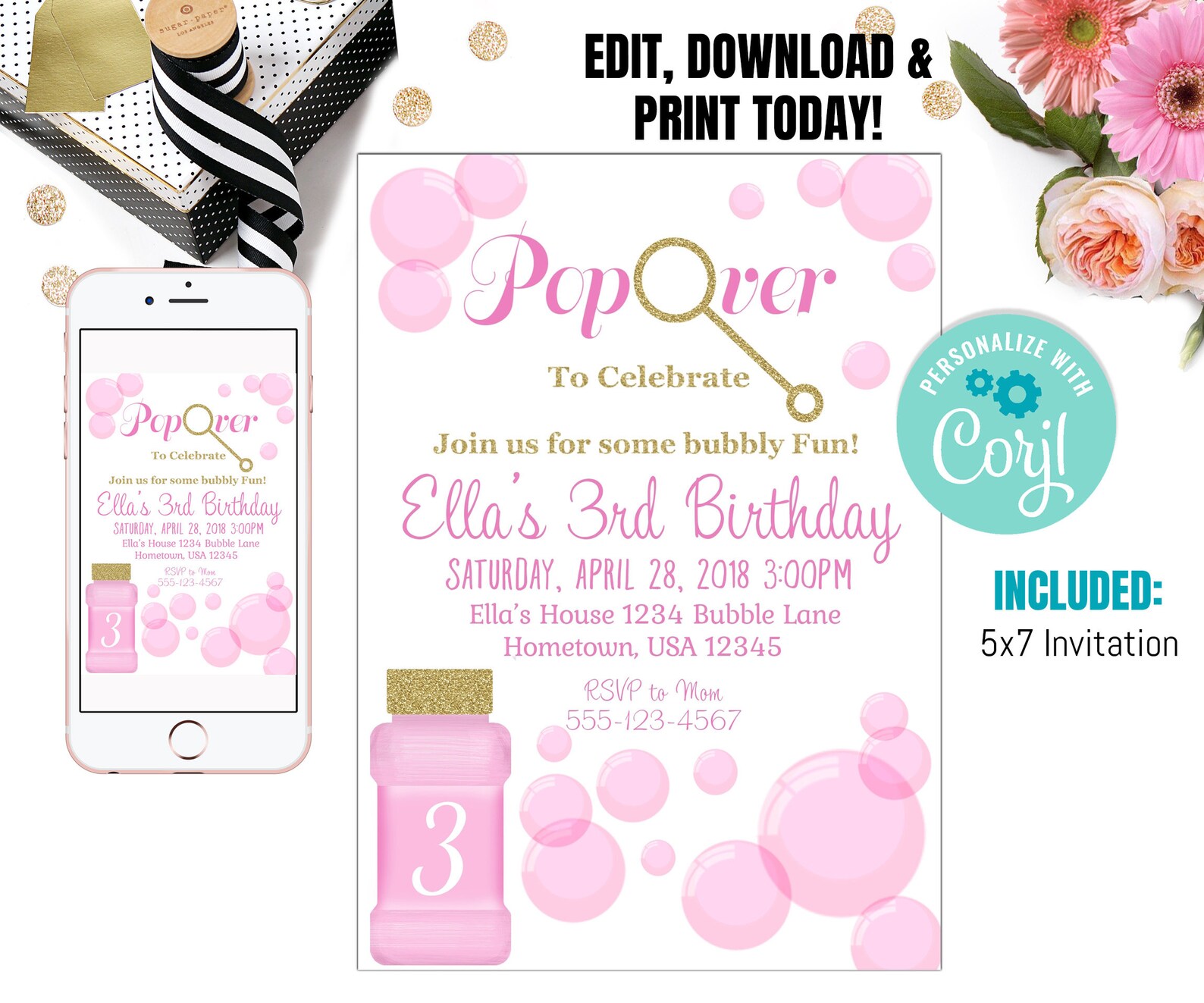 Editable Bubble Birthday Invitation Bubble Birthday Party Etsy