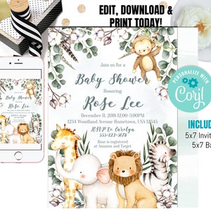 May include: A baby shower invitation with a jungle theme. The invitation features a watercolor illustration of a giraffe, elephant, lion, and zebra. The text on the invitation reads "Join us for a Baby Shower Honoring Rose Lee" and includes the date, time, and location of the event. The invitation also includes a RSVP phone number and information about where the guest of honor is registered.