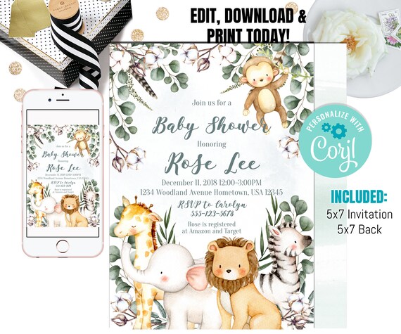 Safari Jungle Elephant Baby Shower Invitation, Jungle Baby Shower, Safari Baby Shower, Gender Neutral Baby Shower Invite Il_570xn