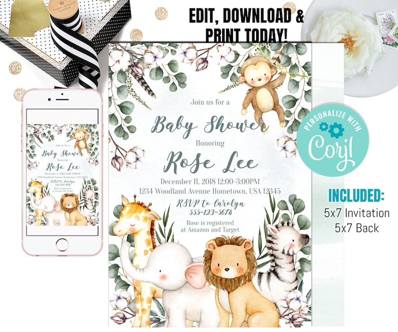 May include: A baby shower invitation with a jungle theme. The invitation features a watercolor illustration of a giraffe, elephant, lion, and zebra. The text on the invitation reads "Join us for a Baby Shower Honoring Rose Lee" and includes the date, time, and location of the event. The invitation also includes a RSVP phone number and information about where the guest of honor is registered.