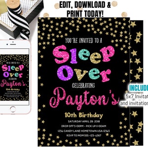May include: A black and gold glitter background with a pink, purple, teal and yellow glitter "Sleep Over" invitation. The invitation is for Payton's 10th birthday and includes the date, time, and RSVP information.