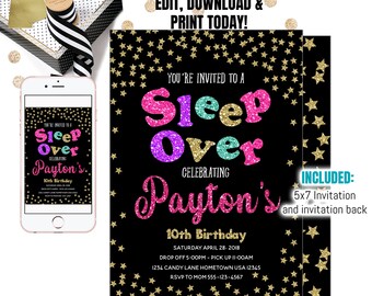 May include: A black and gold glitter background with a pink, purple, teal and yellow glitter "Sleep Over" invitation. The invitation is for Payton's 10th birthday and includes the date, time, and RSVP information.