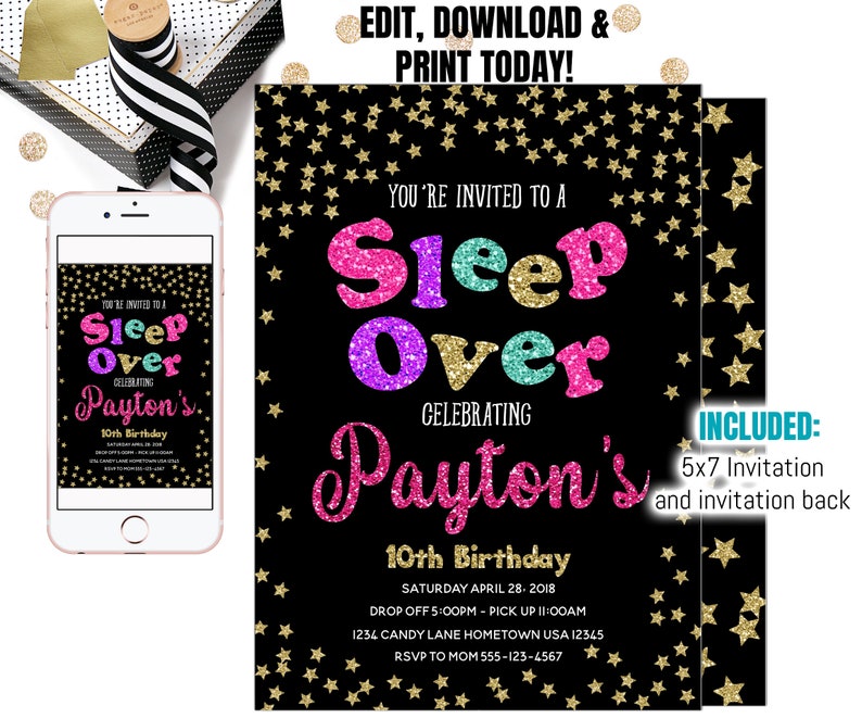 May include: A black and gold glitter background with a pink, purple, teal and yellow glitter "Sleep Over" invitation. The invitation is for Payton's 10th birthday and includes the date, time, and RSVP information.
