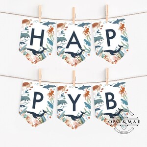 Decoración de fiesta de cumpleaños bajo el mar: pancarta de feliz cumpleaños con ballenas, narvales, tortugas y tiburones. Descarga digital instantánea.