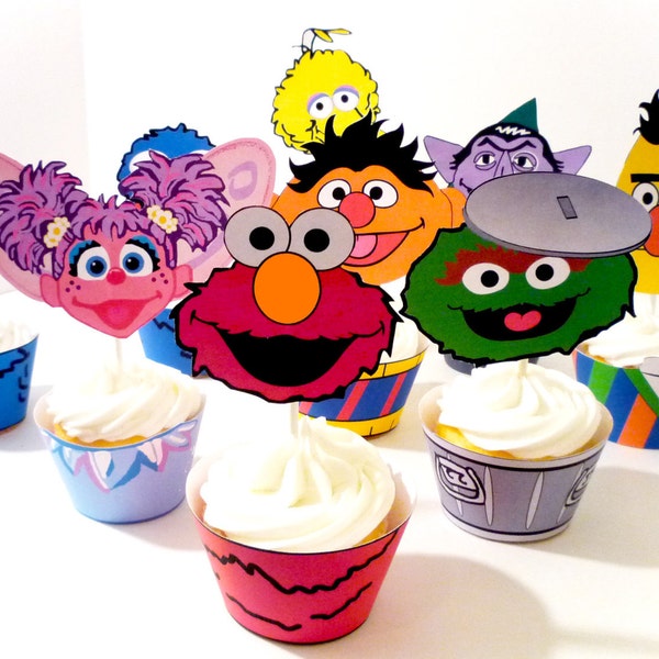 Instant Download - Printable Digital DIY - Monster Sesame Street inspired Party Cupcake Wrappers and Toppers