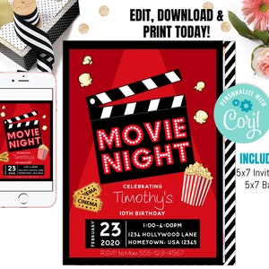 Printable Backyard Movie Night Party Invitation | Movie Night Invitation | movie night birthday Party | Movie Party Invitation | Editable