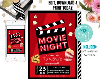 Printable Backyard Movie Night Party Invitation | Movie Night Invitation | movie night birthday Party | Movie Party Invitation | Editable