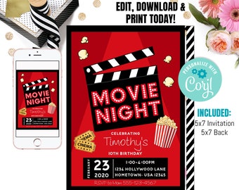 Invitación imprimible para fiesta de cine en el patio trasero / Invitación para noche de cine / Fiesta de cumpleaños para noche de cine / Invitación para fiesta de cine / Editable