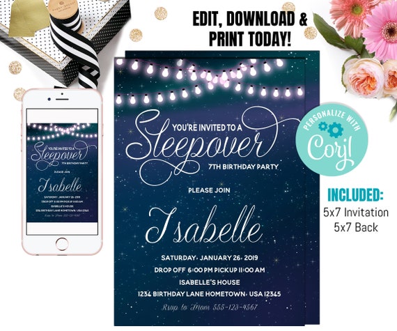Teen Invitation Sleepover, Sleepover Invitation, String Lights Galaxy Invite ,Pajama Party invitation, Girl Slumber Birthday,Starry sky Il_570xn