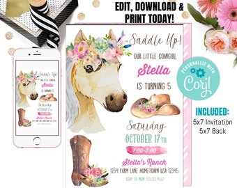 Cowgirl Birthday Party Invitation - Cowgirl Watercolor Invitation - Horse Party - Instant Download