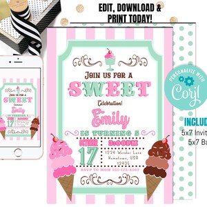 Pu&ograve; includere: Un invito stampabile rosa e verde per una festa di compleanno di 5 anni con il testo "Unisciti a noi per una dolce celebrazione! Emily compie 5 anni" e grafica a forma di cono gelato. L'invito include la data, l'ora e il luogo della festa.