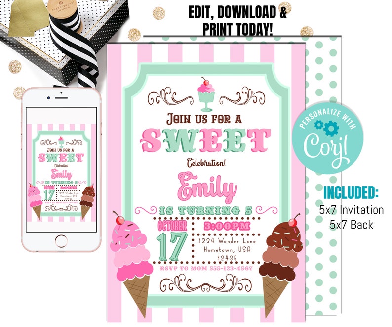 Pu&ograve; includere: Un invito stampabile rosa e verde per una festa di compleanno di 5 anni con il testo "Unisciti a noi per una dolce celebrazione! Emily compie 5 anni" e grafica a forma di cono gelato. L'invito include la data, l'ora e il luogo della festa.