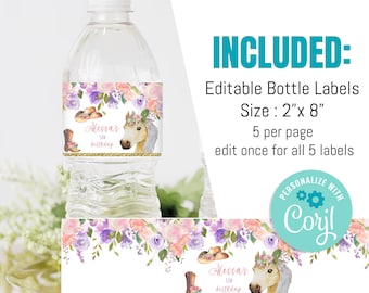 Editable Cowgirl Birthday Water Bottle Labels Horse Birthday Juice Bottle Labels Blush Pink & purple Floral Cowgirl Horse Instant Download