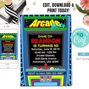 Arcade Birthday Invitation, Arcade invitation, Instant Download , Gamer invitation, Retro Arcade Birthday, Video Game Invitation, Editable