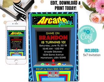 Arcade Birthday Invitation, Arcade invitation, Instant Download , Gamer invitation, Retro Arcade Birthday, Video Game Invitation, Editable