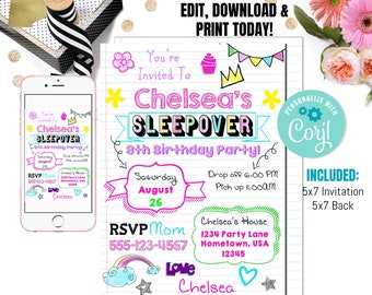 May include: A printable 5x7 inch invitation for a sleepover party. The invitation is decorated with colorful drawings of a crown, a cupcake, a rainbow, and stars. The text on the invitation reads "You're Invited To Chelsea's Sleepover 8th Birthday Party!" and includes details about the party, such as the date, time, and location. The invitation also includes a personalized message that says "Love Chelsea".