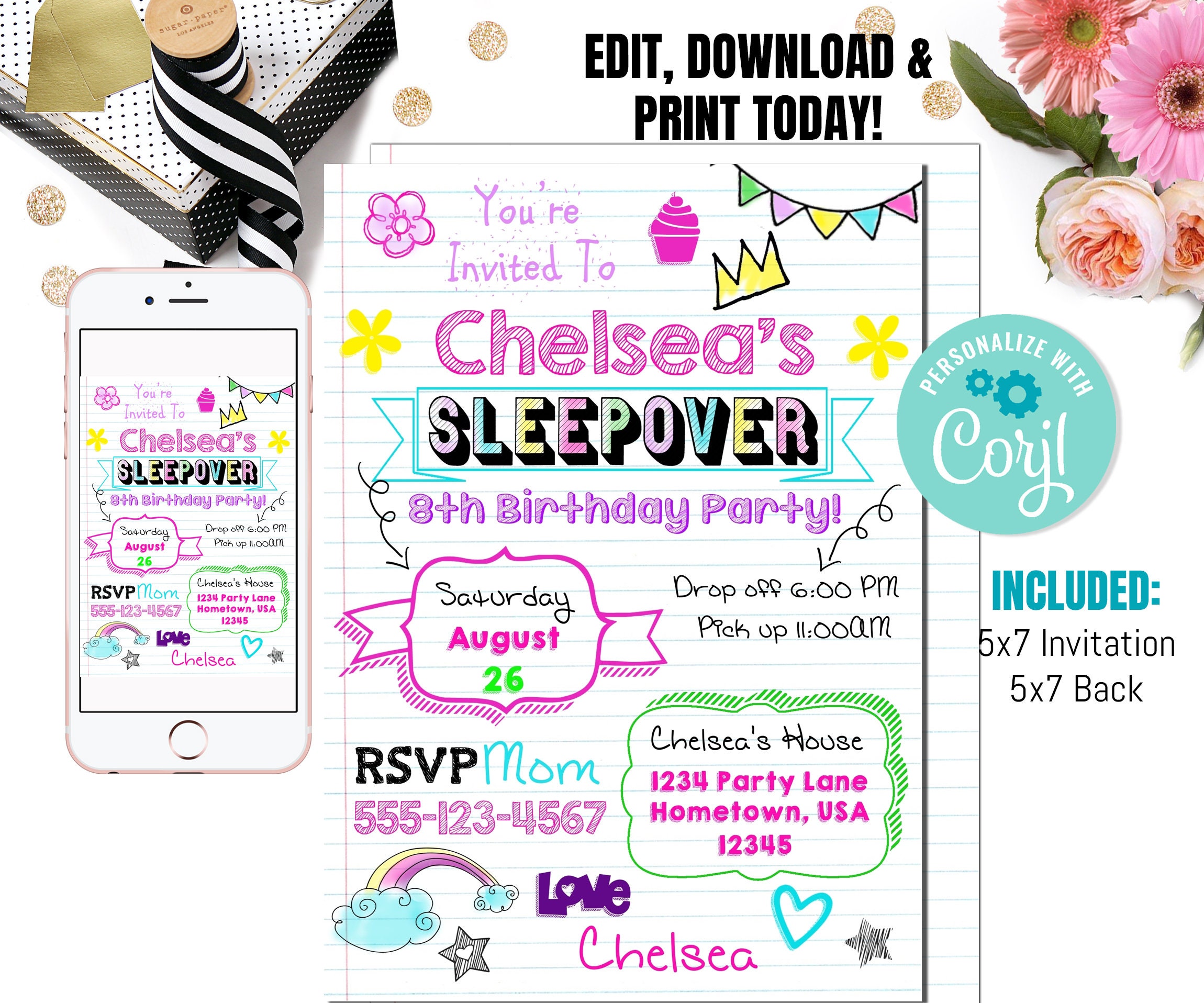 Teen Invitation Sleepover, Tween Birthday Invitation, Notebook doodle  invitation ,Sleepover invitation, Slumber party invitation, Editable, image size:2300x1916