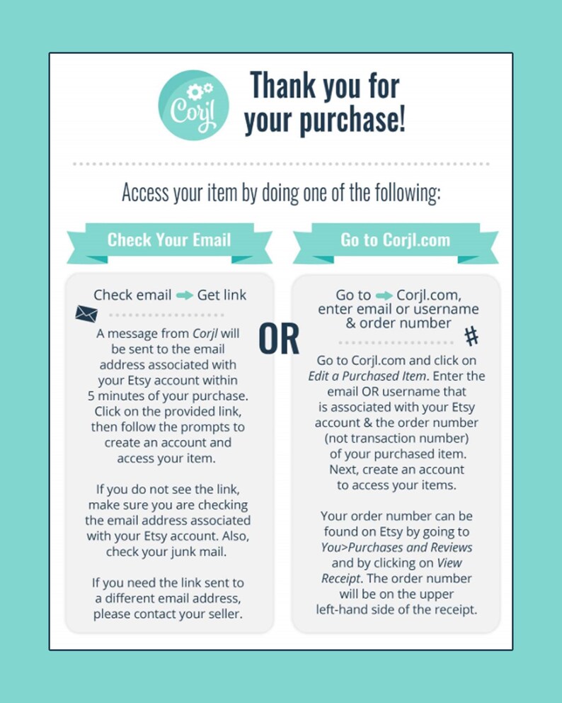 Pu&ograve; includere: Una grafica blu e bianca con il testo "Grazie per l'acquisto!" e istruzioni su come accedere al tuo articolo acquistato. Le istruzioni includono la verifica della tua email per un link o l'accesso a Corjl.com e l'inserimento della tua email o nome utente e numero d'ordine.