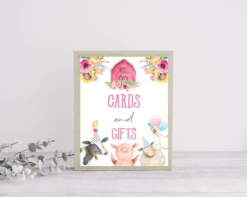 Cards And Gifts Farm Birthday Sign Barnyard Table Sign Floral Farm Animal Favor Sign Pink Barn Petting Zoo Decor Instant Download image 1